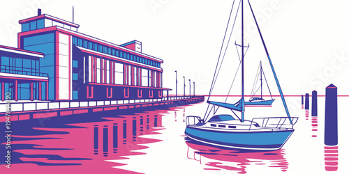 A sailboat is docked at a marina with buildings Vector