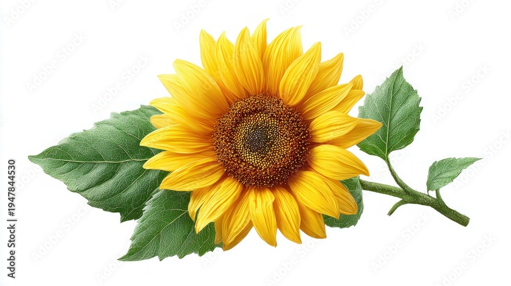 Obraz premium Vibrant sunflower with green leaves isolated on a clean white background