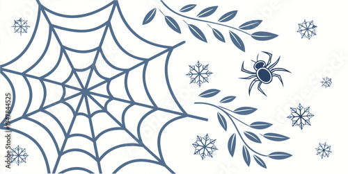 A blue spider web with a spider and leaves Vector