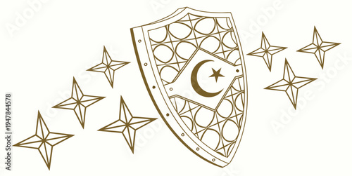 Gold shield with stars and crescent moon symbol Vector