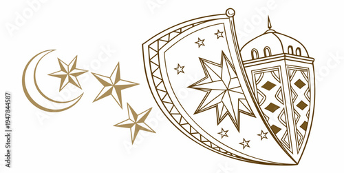 A gold colored islamic crescent moon and star lantern Vector