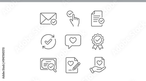 A set of nine modern line style vector icons depicting various symbols and signs including checkmarks, hearts, and documents used for design and communication purposes effectively