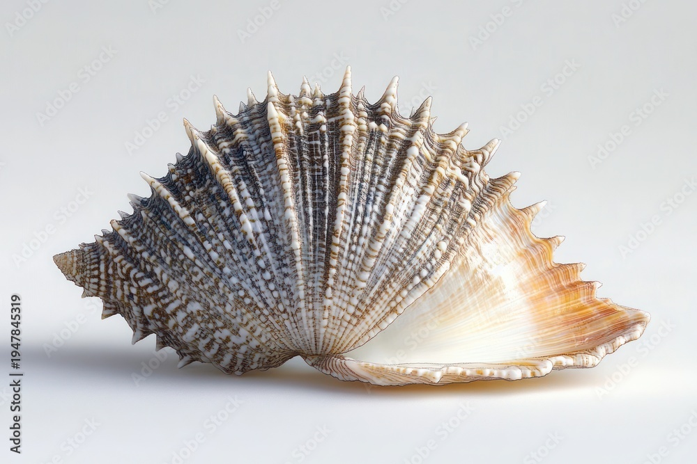 Fototapeta premium ornate spiky fan-shaped seashell with ridged brown and cream pattern resting on white surface, soft lighting conveying calm natural elegance