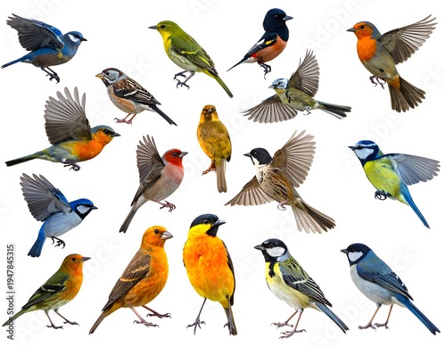 Collage showcases various colorful songbirds isolated against a clean white background in a variety of poses
