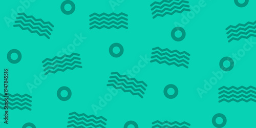 Seamless Teal Memphis Pattern Background With Circles And Zigzag Lines