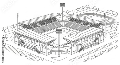 Detailed Architectural Drawing of a Stadium with Seating and Structure.