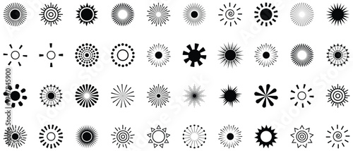 Collection of black sunburst shapes and floral patterns