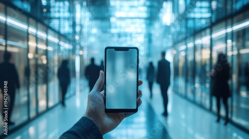 Wallpaper Mural Hand holding smartphone in office,People in business center walking at hall,motion go around at coworking space,Wide image,Concept of office life,co working space. Torontodigital.ca