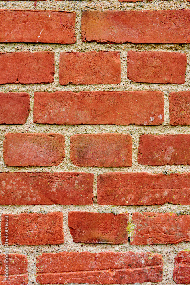 Obraz premium Architecture, vintage and brick with wall of building for exterior, stone and apartment. Facade, real estate and property with concrete on house for pattern, space and construction background.