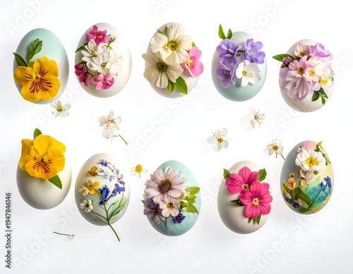 Decorated eggs, adorned with colorful pressed flowers, beautifully arranged on a bright, white surface