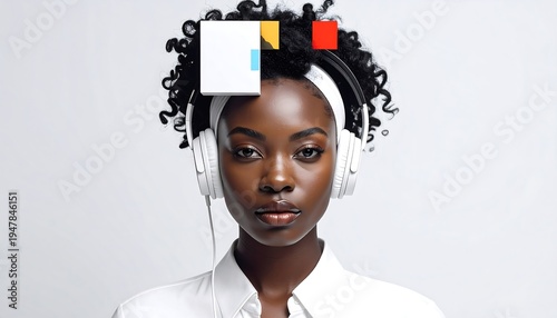 Dark-skinned woman with headphones wearing white clothing stands before a plain light background, squares on head
