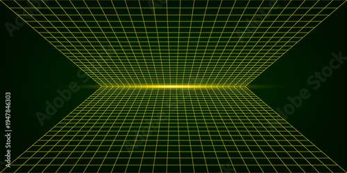 3d wireframe perspective grid room template design vector illustration background. Empty 3 dimension virtual room with perspective wireframe grid geometric sketch. Cyber virtual line interior frame.