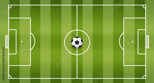 Overhead View of Soccer Field with Ball at Center Circle.