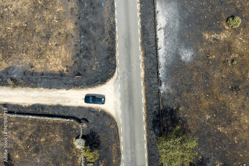 Burnt landscape after a forest fire. Spain 2025. Aerial shot.