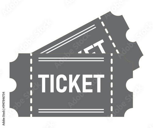 Two gray movie tickets with white text on for cinema or event