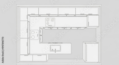 Kitchen Layout Design with Island and Cabinetry.