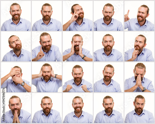 Collection of a middle-aged man with beard expressing different facial expressions and body language gestures on white background. Composite of multiple poses showing various emotions: thinking, happy