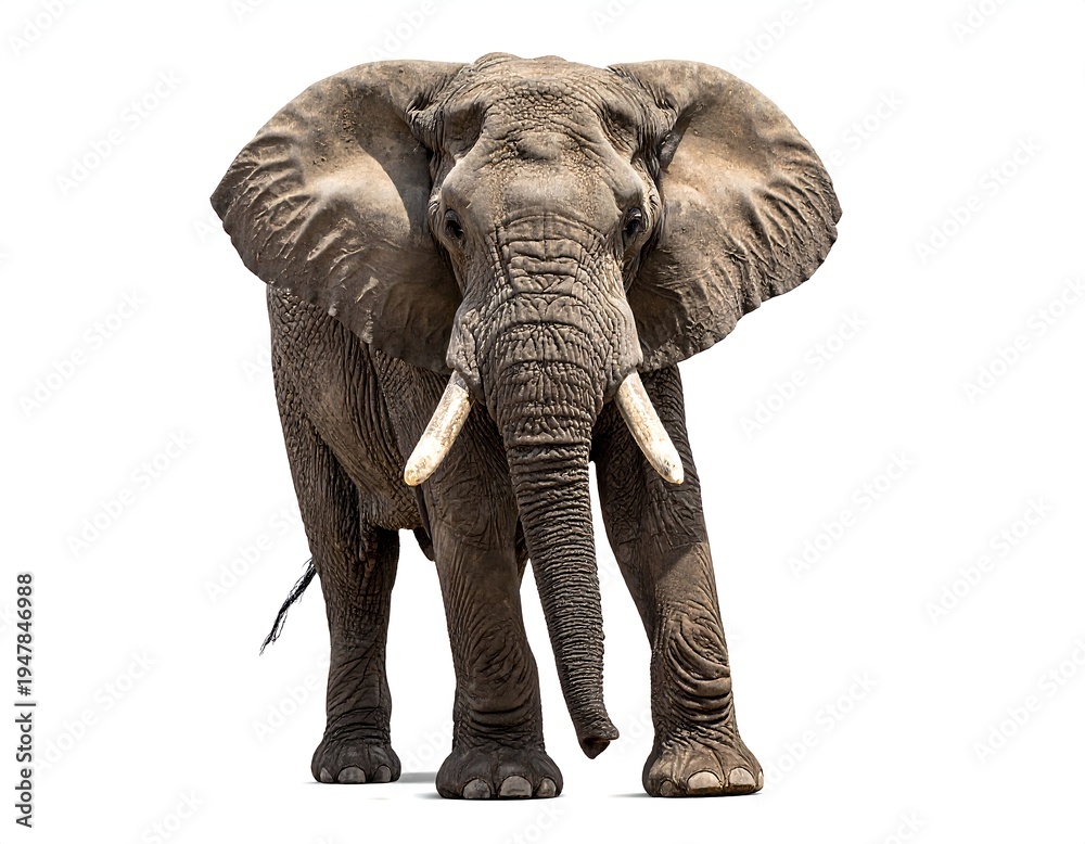 Fototapeta premium Elephant portrait Large mammal, wrinkly skin, tusks, big ears, against a blank background