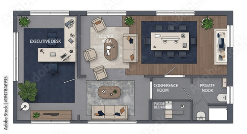 Overhead View of a Modern Office Space with Multiple Workstations and Meeting Areas.