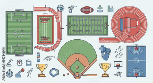 Overhead View of Various Sports Fields and Equipment Illustrations.