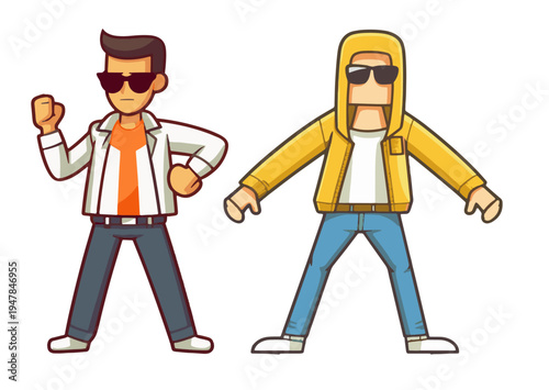 Two vector cool guy flat graphic style, sunglasses, illustration