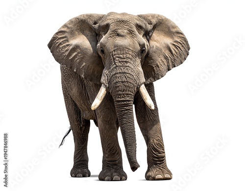 Elephant portrait Large mammal, wrinkly skin, tusks, big ears, against a blank background