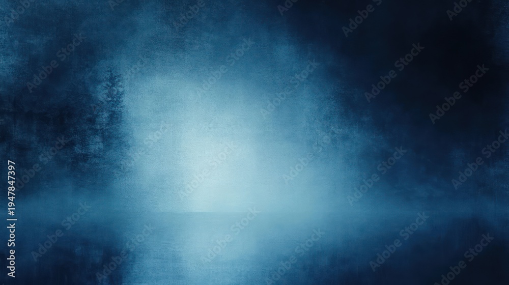 Fototapeta premium Foggy blue lakeside with faint pine silhouette and soft water reflection, serene and mysterious atmosphere