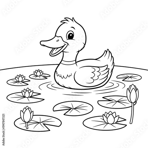 A cartoon duck swimming in a pond with lily pads