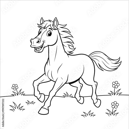 A cartoon horse is running through a field of flowers
