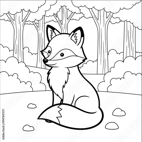 A cartoon fox sitting in a forest clearing