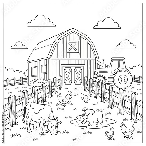 A farm scene with a barn and tractor