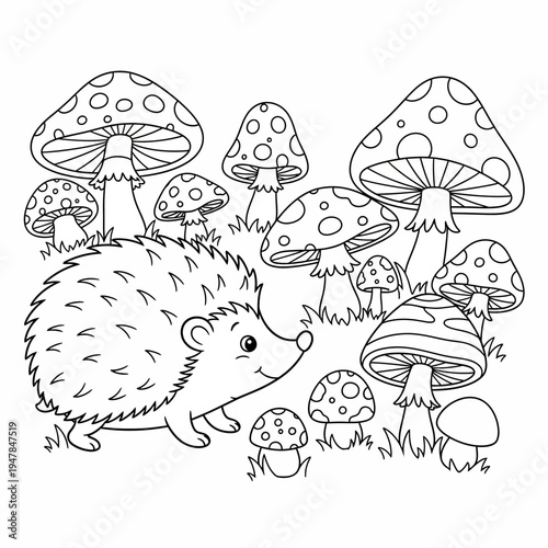 A hedgehog and several mushrooms in a forest