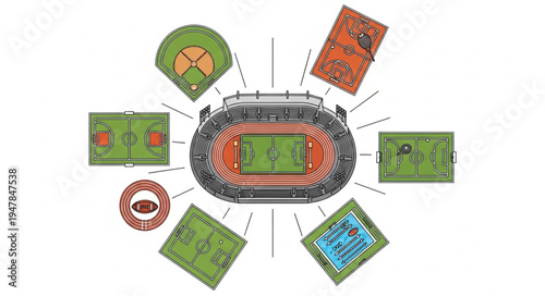 Stadium surrounded by various sports fields and courts illustration.