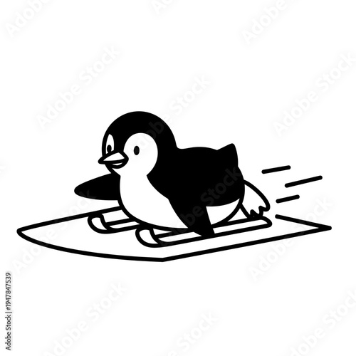 A cartoon penguin riding a sled