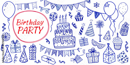 Hand drawn birthday party illustration with balloons cake and festive decorations