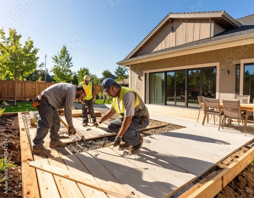 Three construction workers laying wooden deck in a sunny home backyard
