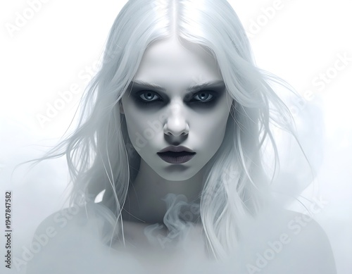 Ethereal woman with stark white hair and intense gaze surrounded by a smoky mist against a bright white background