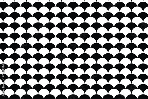 Retro Black and White Scalloped Pattern Background, Geometric Scales Texture, Vintage Seamless Design, Graphic Art