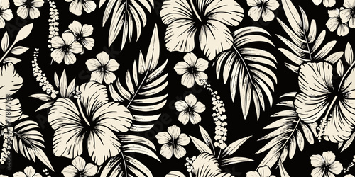 Detailed botanical illustration of tropical hibiscus flowers and lush foliage