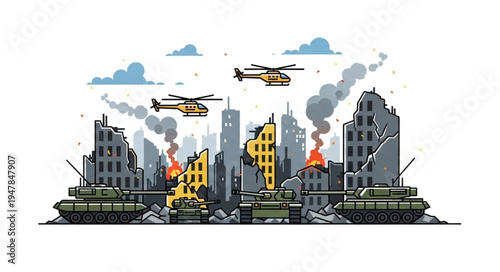 War Destroyed Cityscape with Tanks.