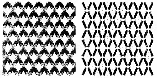 Abstract black and white patterns resembling ikat and chevron motifs