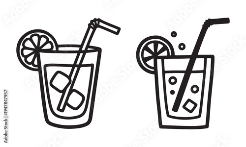 Fresh summer cocktail glass with drinking straw ice cubes and citrus lemon slice in minimalist black line art style