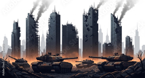 War Destroyed Cityscape with Tanks.