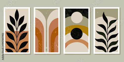 Abstract botanical art featuring four vertically oriented panels with organic shapes