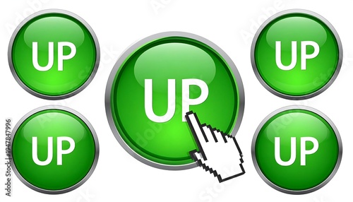 Five shiny green buttons labeled 
