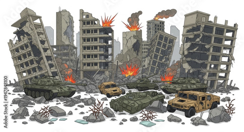 War destruction cityscape rubble remains.