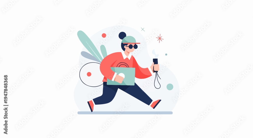 Fototapeta premium Stylized character in motion with a briefcase and a device