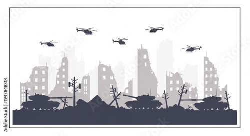 War scene with tanks helicopters.