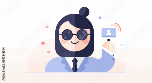 Stylized character in suit and glasses holds up a device with a user icon