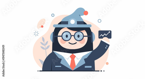 Stylized character in suit and hat holding up a card with an upward trending graph